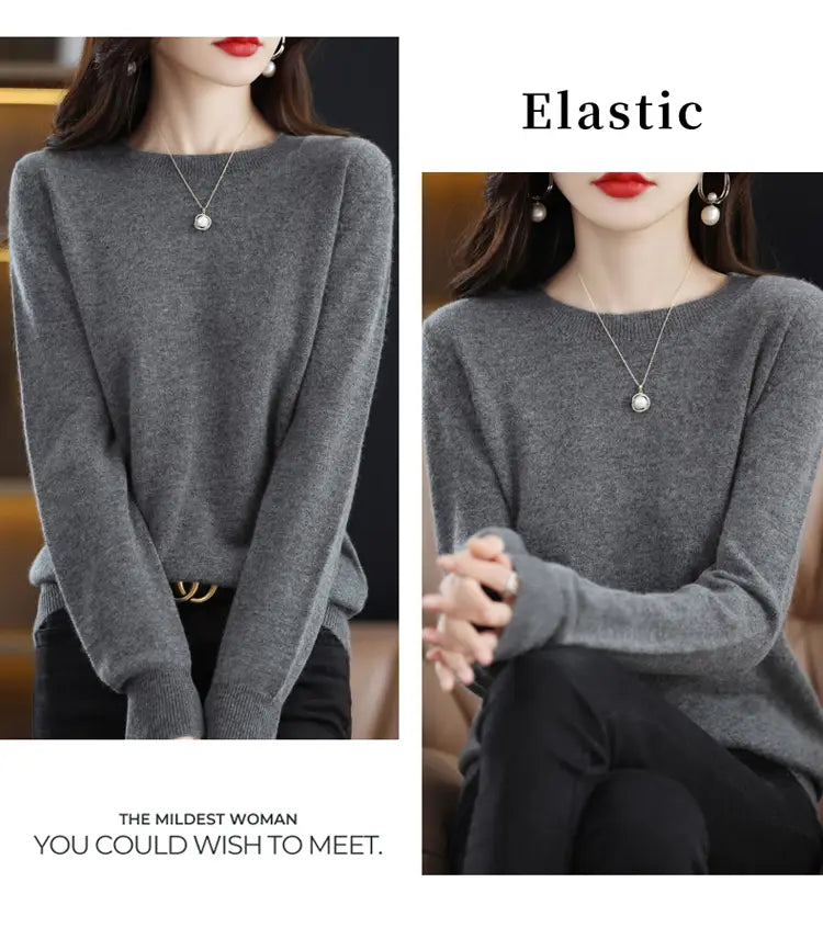 Gray pure wool cashmere o-neck pullover sweater with a round neckline and long sleeves in elastic knit fabric.