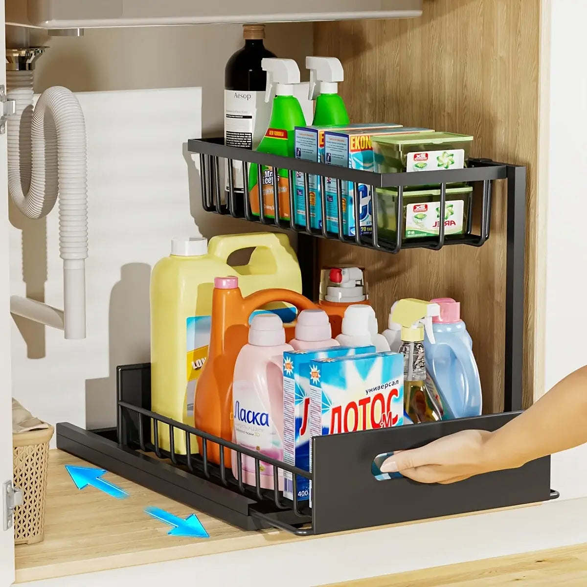 organisateur noir en métal en forme de L sous l’évier à deux niveaux, avec tiroirs coulissants, conçu pour un rangement efficace dans la cuisine ou la salle de bains