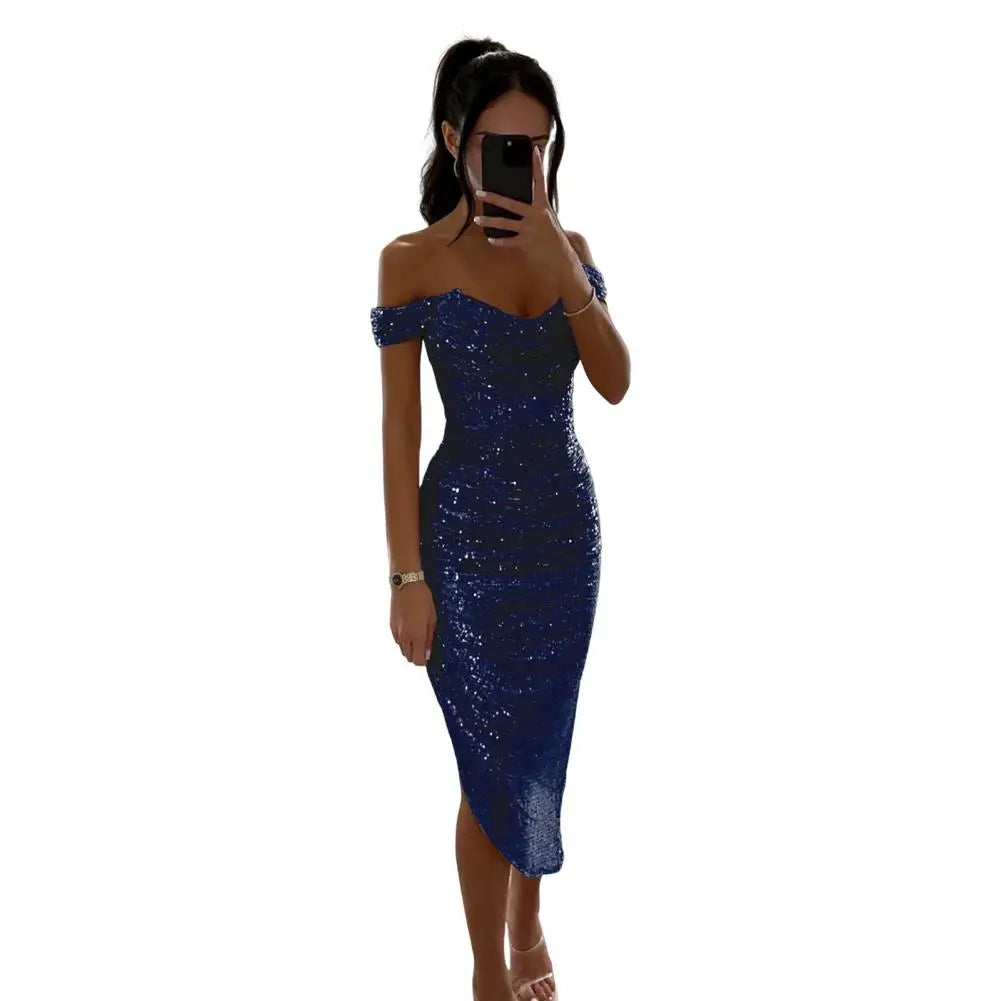 Women Christmas Party Dress Sequined Irregular Hem Evening Dress Low-cut Prom Wedding Party Formal Slit Hem Ladies Midi Dress