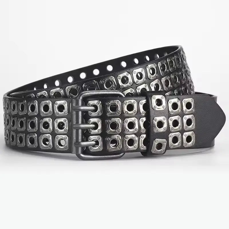 Black leather studded punk belt with rows of silver-toned square studs and a matching metal buckle.