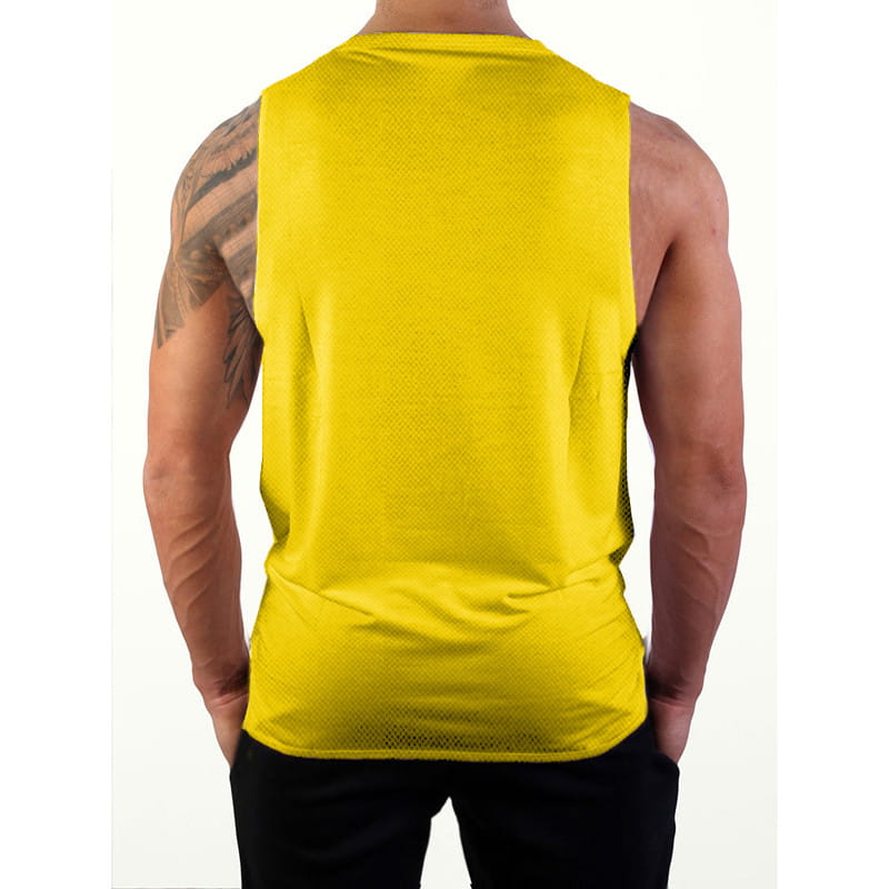 Débardeur de sport pour homme jaune vif sans manches, avec un motif en maille à séchage rapide, conçu pour le fitness et les séances d’entraînement.