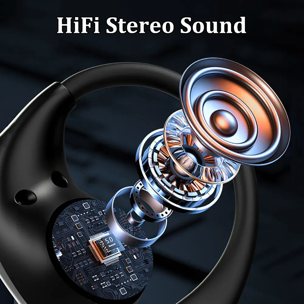 Black wireless bluetooth ear hook headphones with a sleek ergonomic design showcasing hifi stereo sound technology and a 5.0 chip visible on the circuit board.