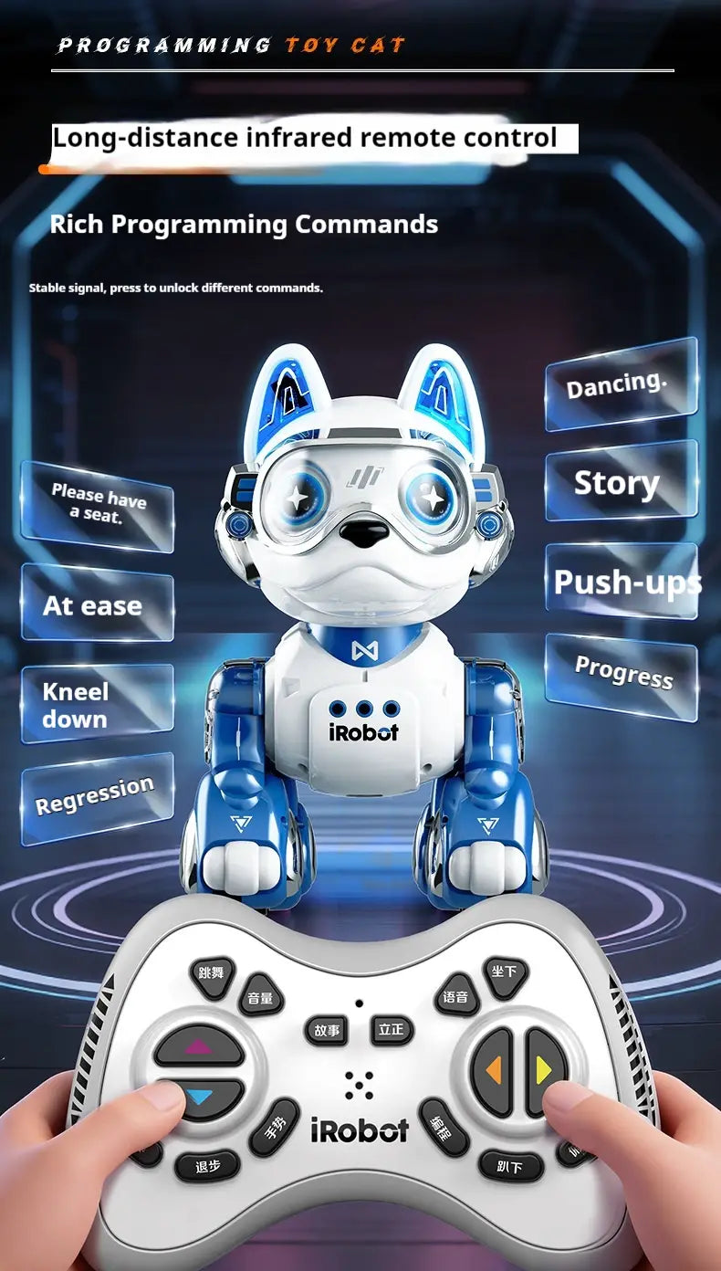 White and blue remote control robotic dog toy with metallic accents and sleek design featuring irobot branding in a product titled remote control robotic horse toy.