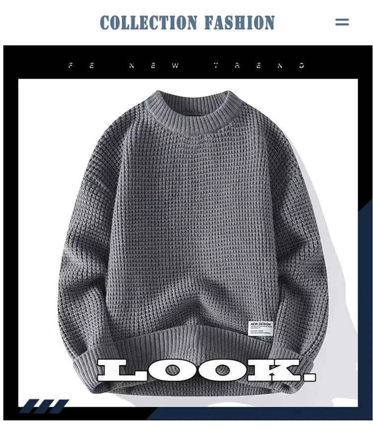 Moownuc Herren-Waffelstrick-Pullover im lässigen Stil in Grau mit gestrickter Struktur sowie geripptem Rundhalsausschnitt und Bündchen.