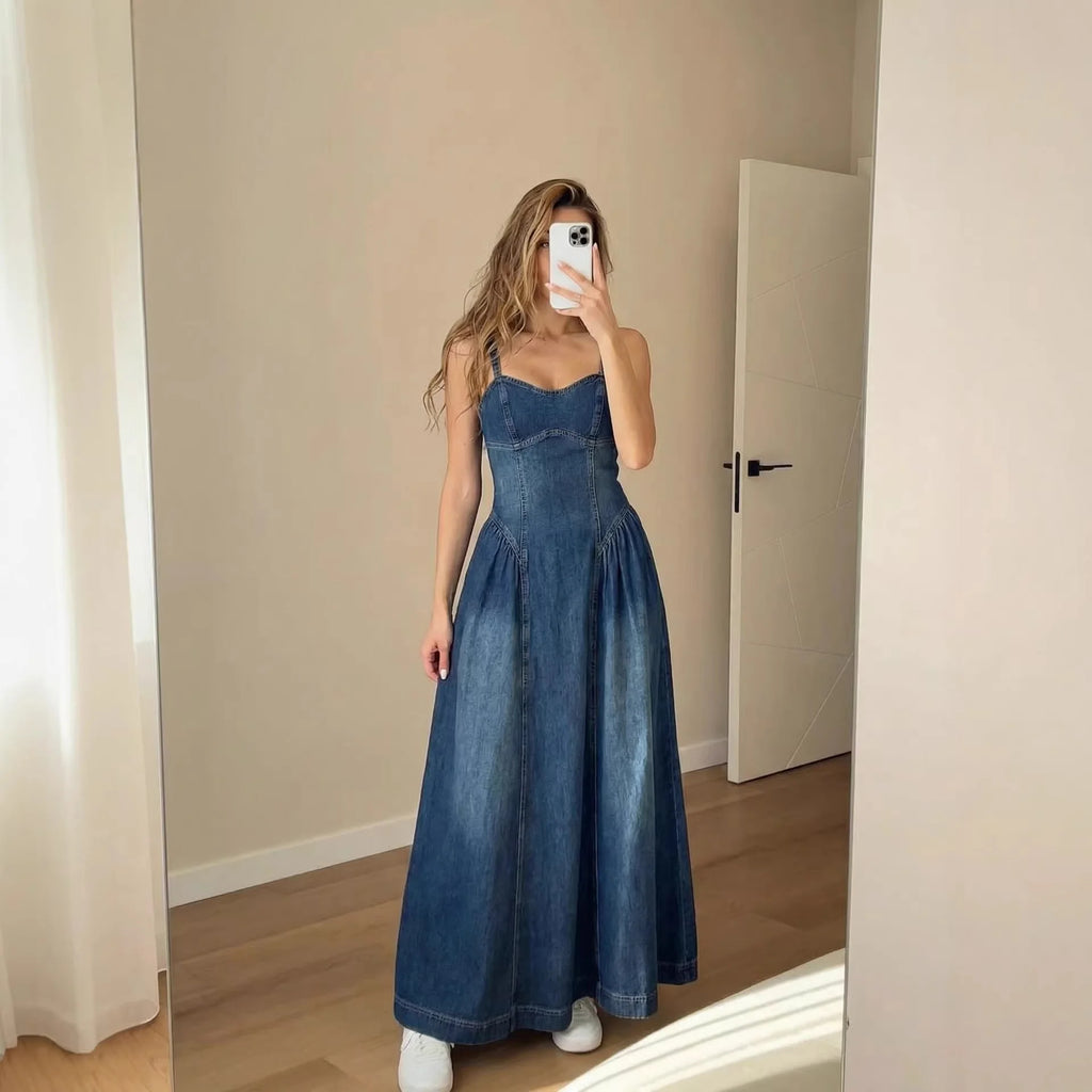 Women Denim Slip Dress with Flared Hem Fashion Casual Backless Sleeveless A-line Dress Female Vacation Style Dresses