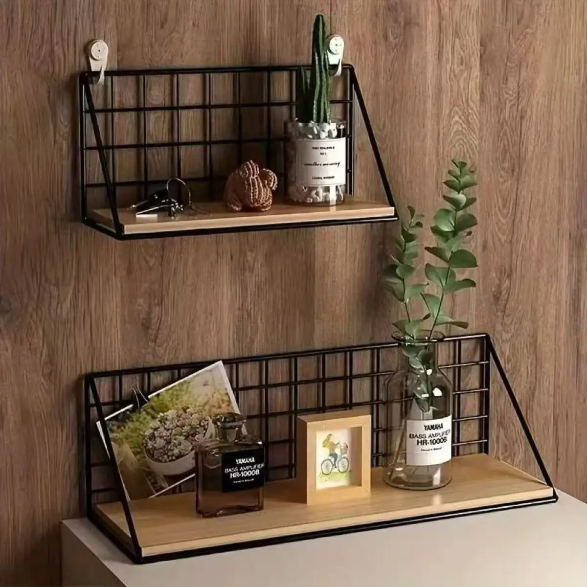 black metal grid shelf with light wood plank front and side supports designed as a wood wall shelf with wire basket storage