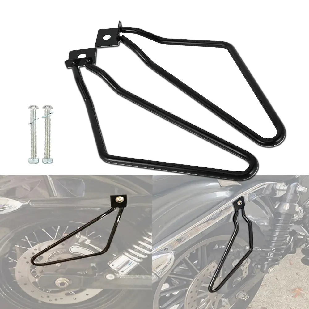 black metal motorcycle side saddlebags with universal mounting brackets and screws shown from the back side for secure installation