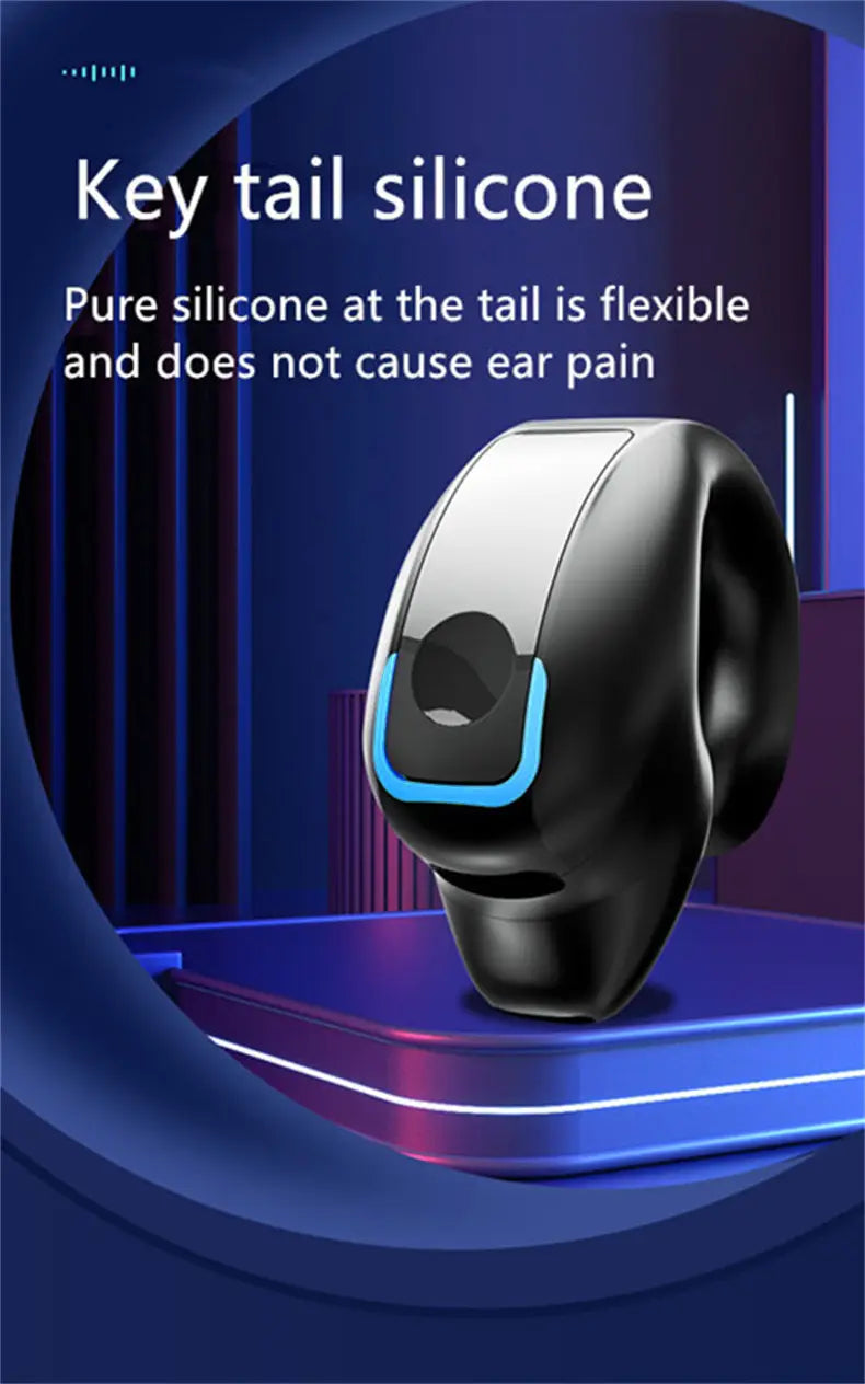 Pinza para clip de auriculares de silicona negra, con cola y borde de acento azul luminoso alrededor de la abertura central, diseñada para auriculares inalámbricos de oído abierto para reducción de ruido y para una experiencia de sonido de alta calidad.