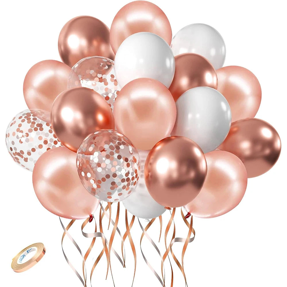 19/26pcs 12inch Rose Gold Confetti Latex Balloons White Metal Rose Gold Balloon Ribbon Wedding Bridal Shower Decoration Birthday