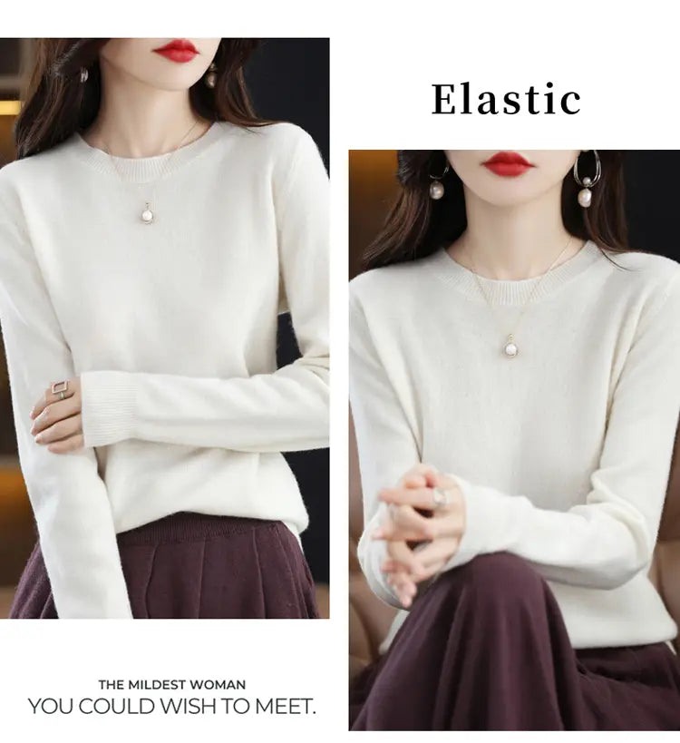 a soft off-white pure wool cashmere o-neck pullover sweater with long sleeves and a round neckline