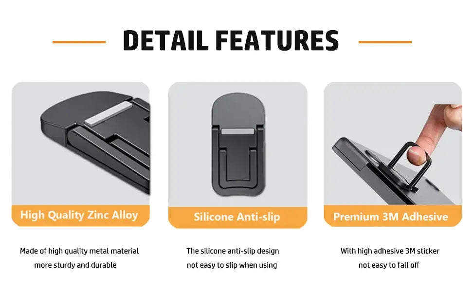 Black zinc alloy portable foldable laptop stand with silicone anti-slip grip and premium 3m adhesive backing for adjustable riser use.