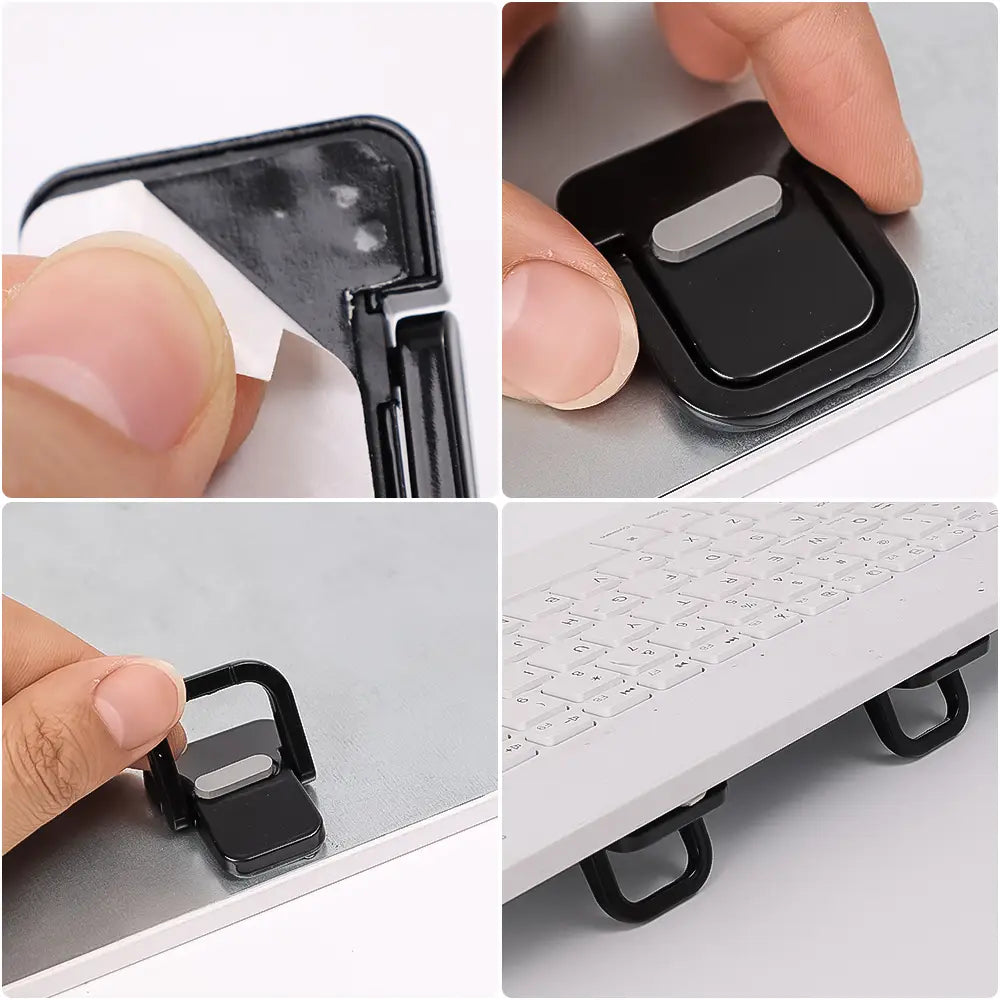 Schwarzer Kunststoff-Mini-Laptopständer mit silbernem Aluminiumakzent und verstellbaren Klemmen zur Verwendung als tragbarer Schreibtischaufsatz.