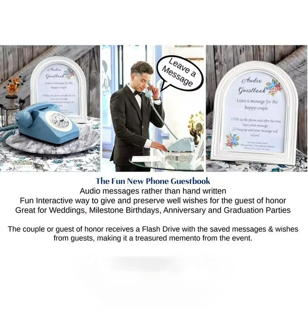 Teléfono de registro de audio antiguo azul rotatorio para bodas y eventos con un auricular curvo y un dial circular apoyado sobre una superficie ornamentada con un patrón elaboradamente decorado.