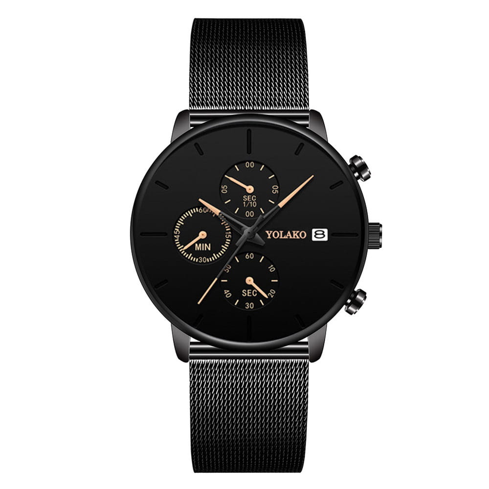 Montre chronographe ultrafine noire Yolako pour hommes, avec des aiguilles en or rose et une sangle en maille.