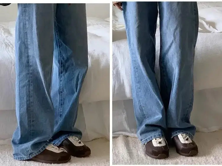 Pantalon évasé en jean bleu clair avec une coupe ample et décontractée à jambes larges, associé à des baskets décontractées en daim pour femmes, légères et respirantes, chaussures de tennis blanches.