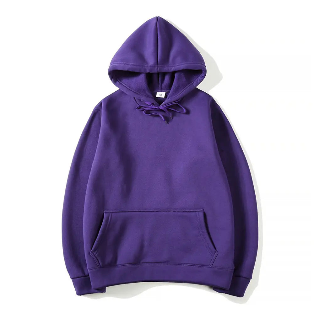 Sudadera con capucha oversize negra lisa para hombre, con sudadera con capucha lila sólida, bolsillo tipo canguro frontal y cordones ajustables.