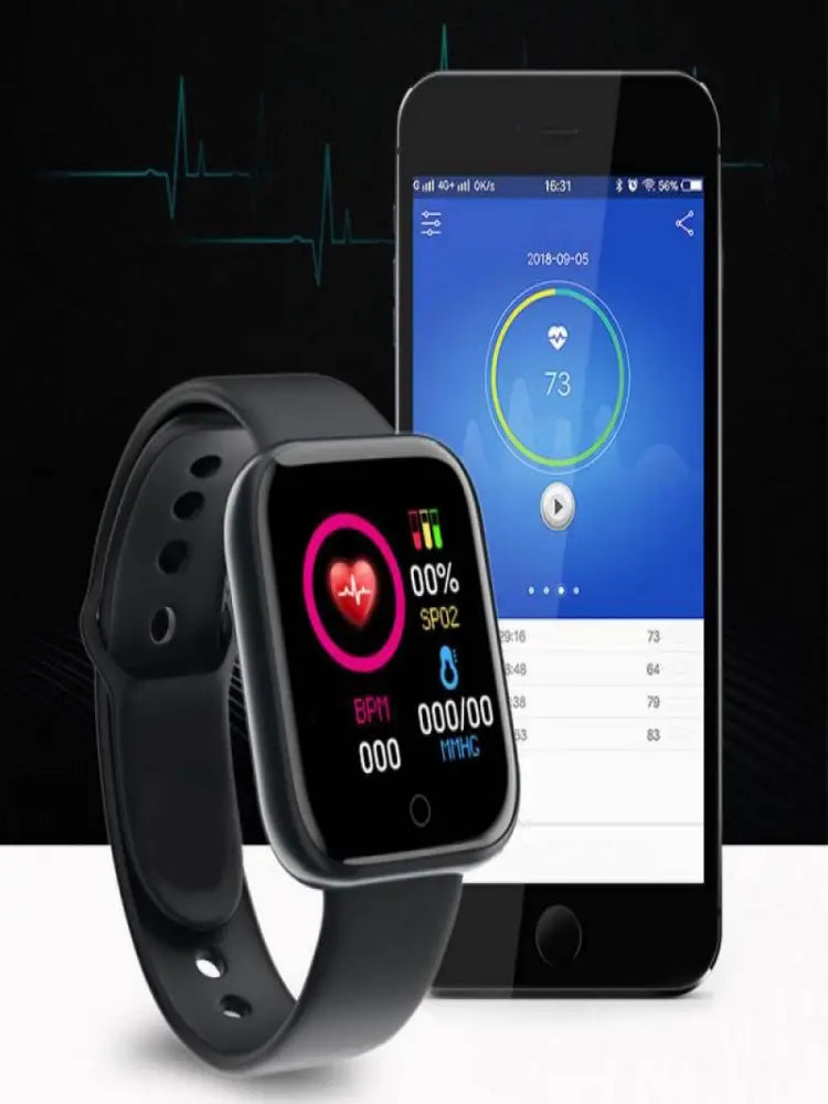 Black smartwatch fitness tracker with rectangular screen displaying health metrics and matching black silicone sport bracelet for Bluetooth connectivity.