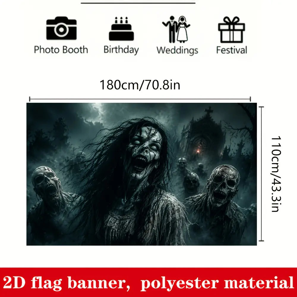 Bandera-póster de Halloween de cementerio de zombis de poliéster oscura, con una mujer zombi central de pelo negro largo y rasgos faciales grotescos, rodeada por otras figuras no muertas.