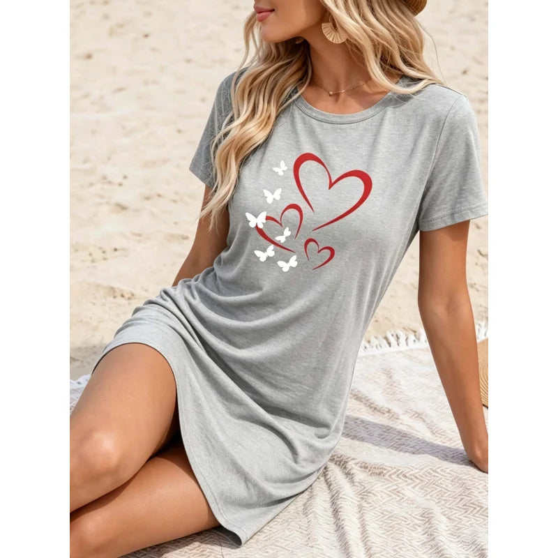 Women's Casual Dress - Fashionable Printed Short-Sleeved Round-Neck Nightgown - Loose-Fit Home Wear - Summer Beach Dress