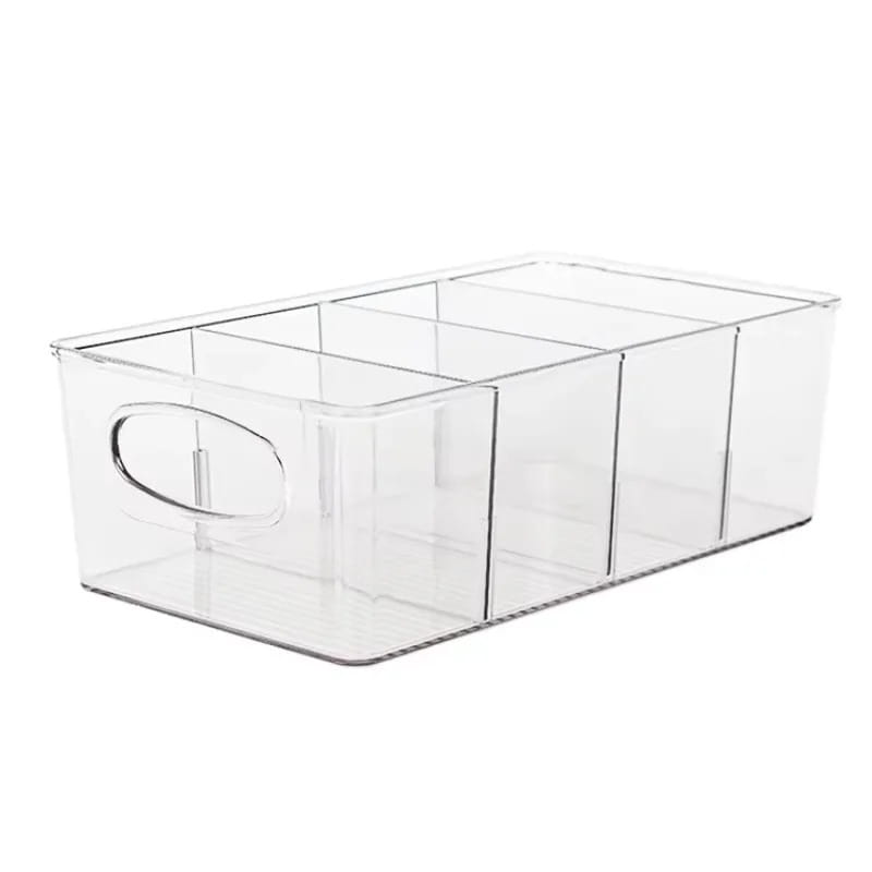 clear plastic food storage bin with built-in handle and divided compartments for organized pantry storage bins and food containers