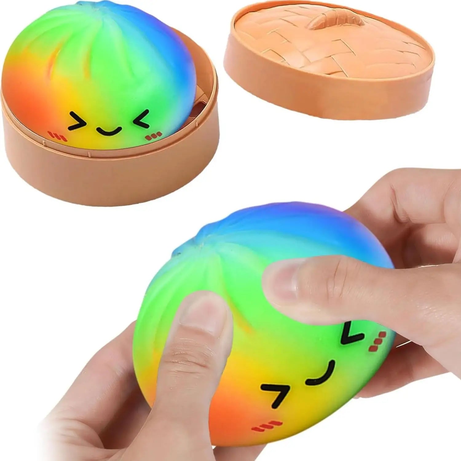 Frontansicht eines regenbogenfarbenen Knödel-Soft-Squish-Stressabbau-Spielzeugs mit einem lachenden Gesicht sowie bestickten Details.