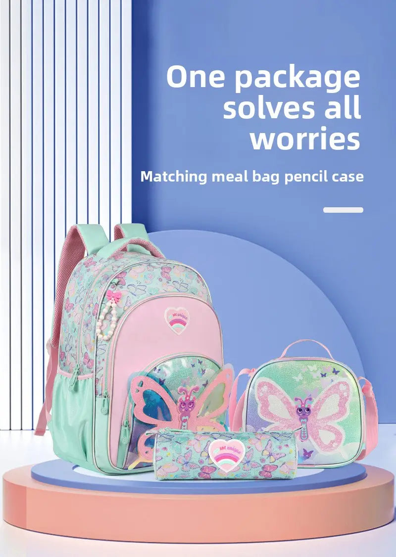 Mädchen-Schmetterlings-Rucksack-Set für die Schule in Pastellgrün und Pink, mit passender Lunchbag, Federmäppchen und Beutel für die Nutzung in der Schule.