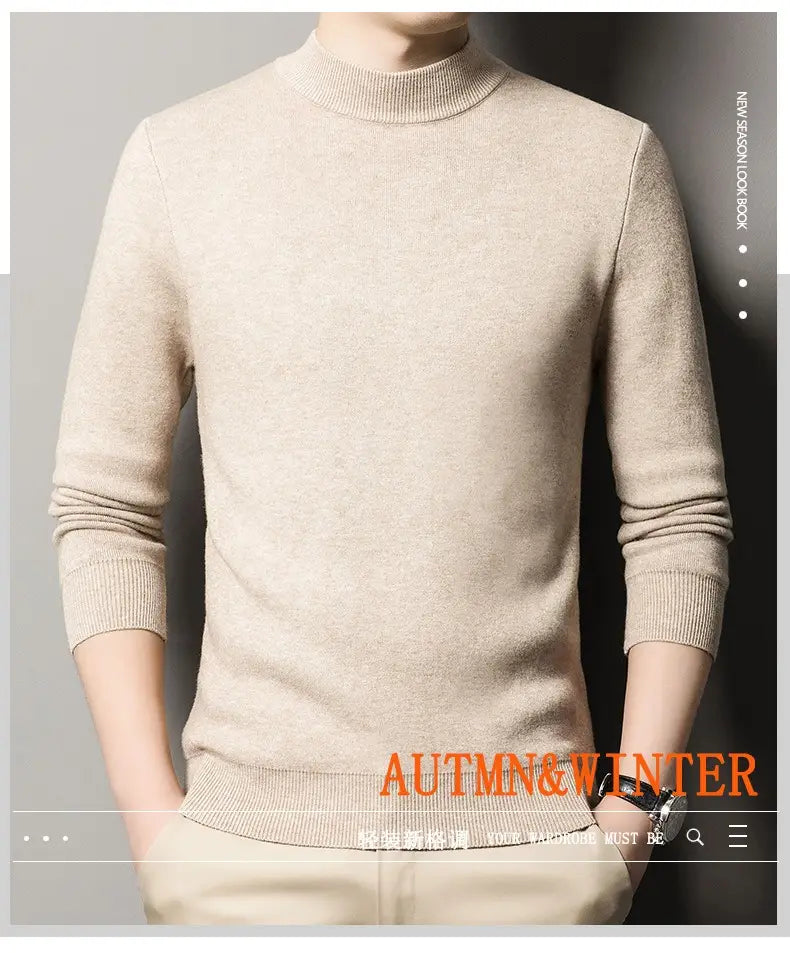 Beiger Herren-V-Ausschnitt-Strickpullover aus Strickstoff mit gerippten Bündchen und Saum, als lässiger Winterpullover konzipiert.