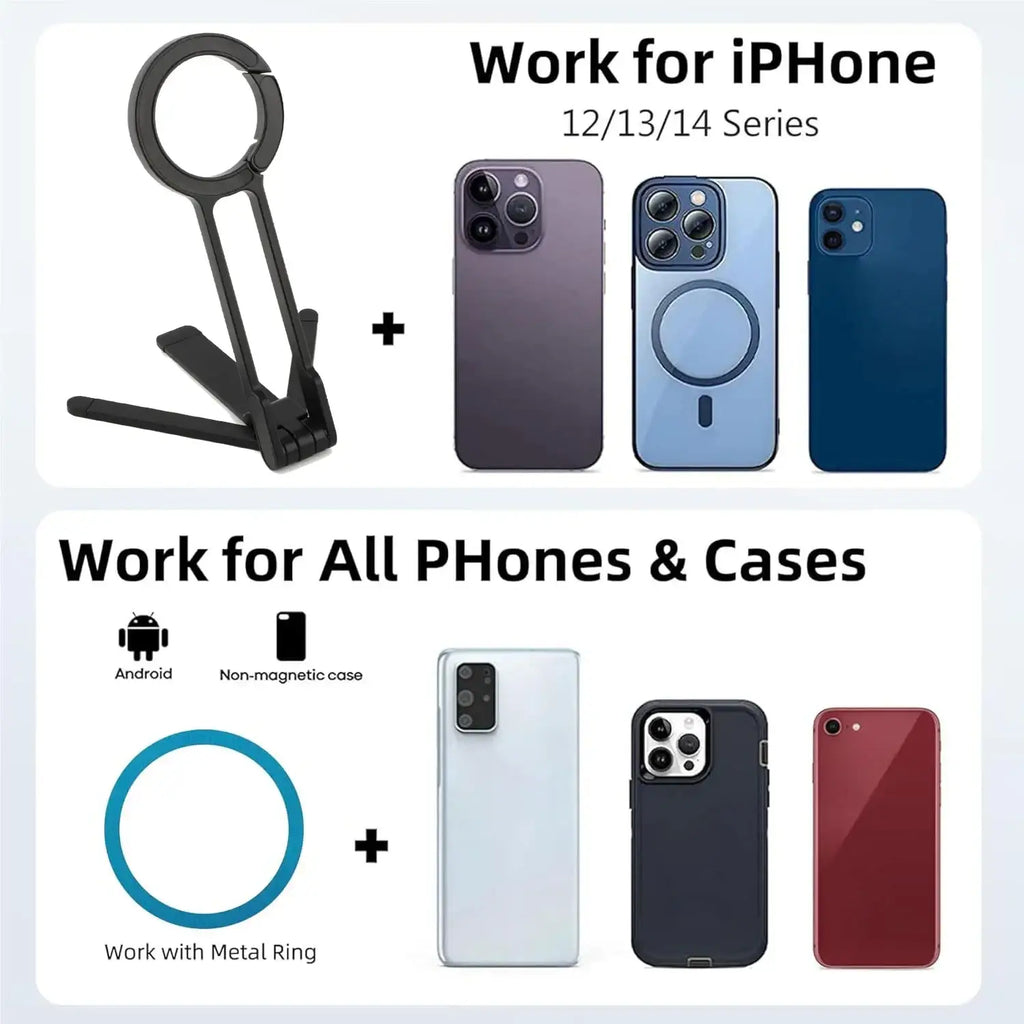 Black foldable magnetic phone stand and tripod with carabiner for iphone 12 to 17 series shown from front angle