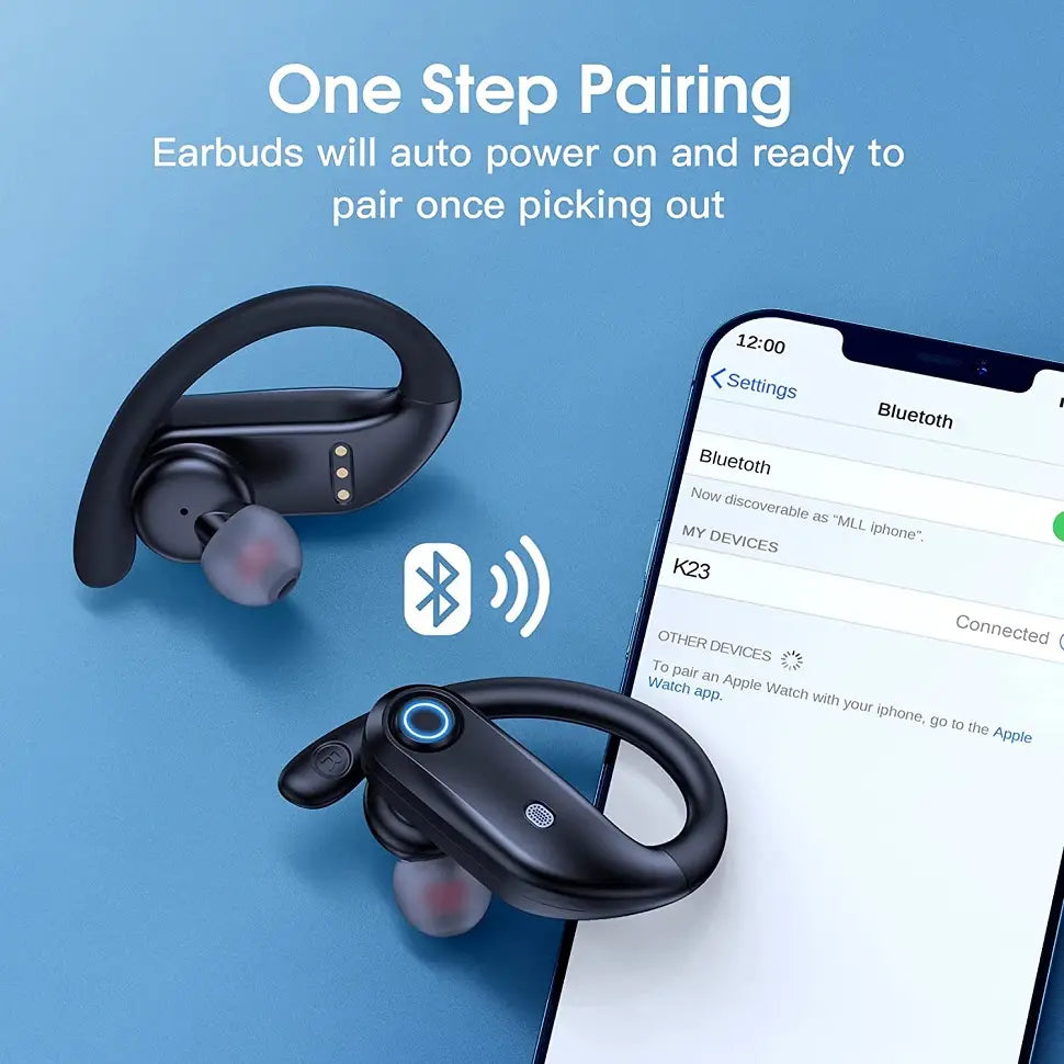 Black wireless earbuds with sleek ergonomic design and blue illuminated button featured with wireless charging case for convenient gli auricolari use.