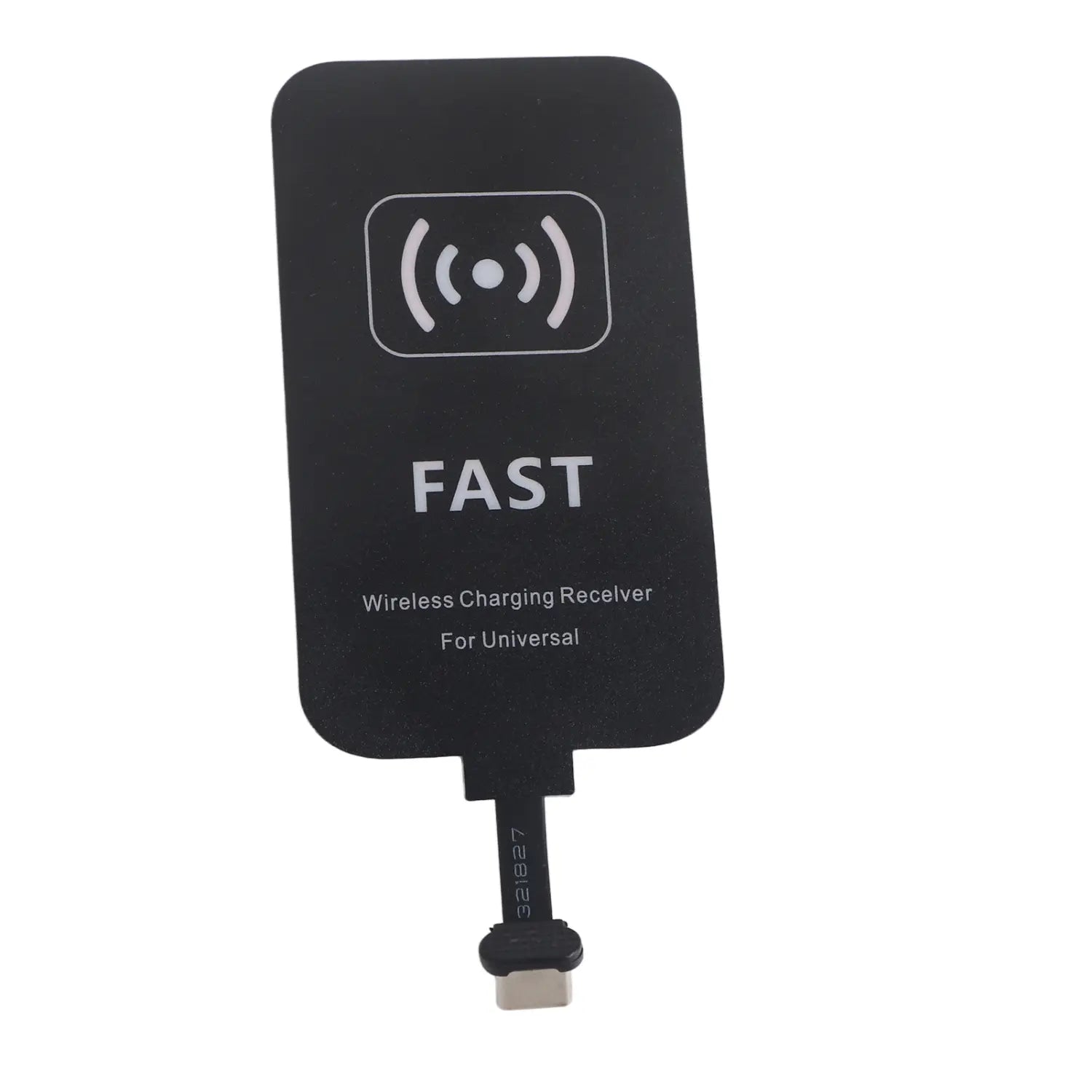 black rectangular wireless charging receiver with usb-c connector and white fast branding designed for 10w wireless charging use