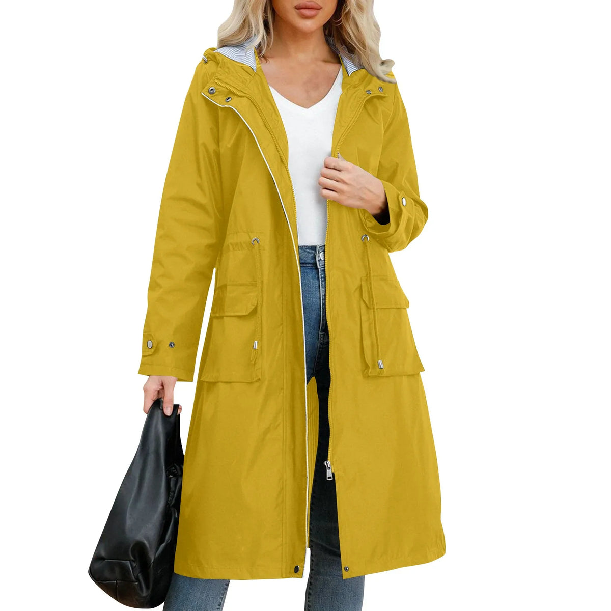 Women's Solid Colored Hooded Long Sleeved Trench Coat With Striped And Straight Tube Jacket Elegant British Style Windbreake