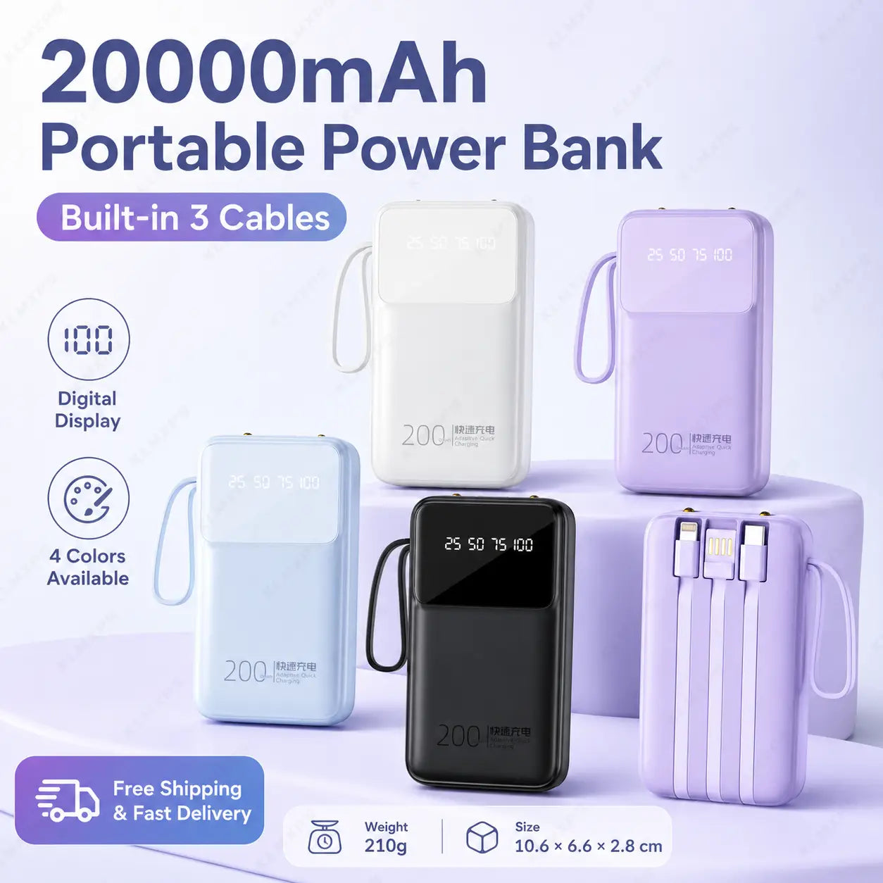 Eine elegante, rechteckige, lavendel-farbene tragbare Powerbank 20000 mAh mit Schnellladefunktion, digitaler Anzeige und integrierten Kabeln für eine effiziente mobile Stromnutzung