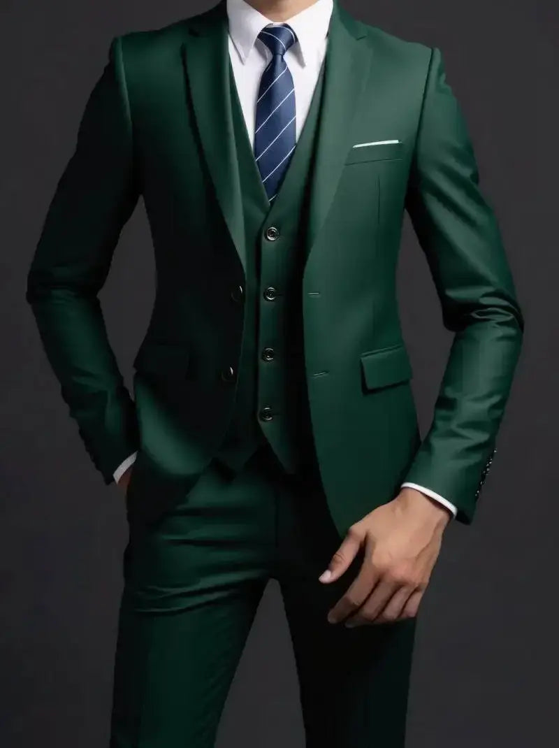 Un traje de tres piezas de hombre esmeralda, de estilo elegante, con corte a medida y tipo de cierre de un solo pecho para vestir formal.