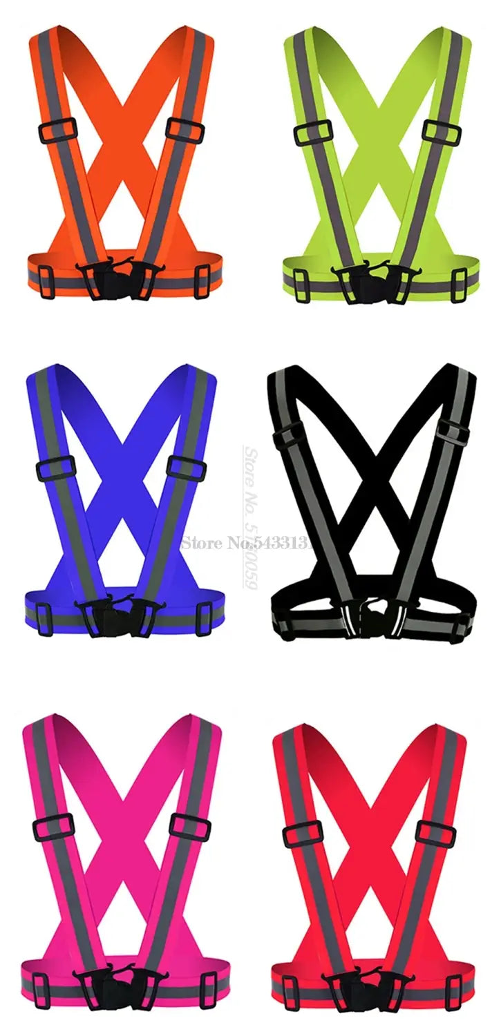 Reflective motorcycle safety vests in orange lime green blue black pink and red with gray reflective strips and adjustable design for enhanced visibility and protection.