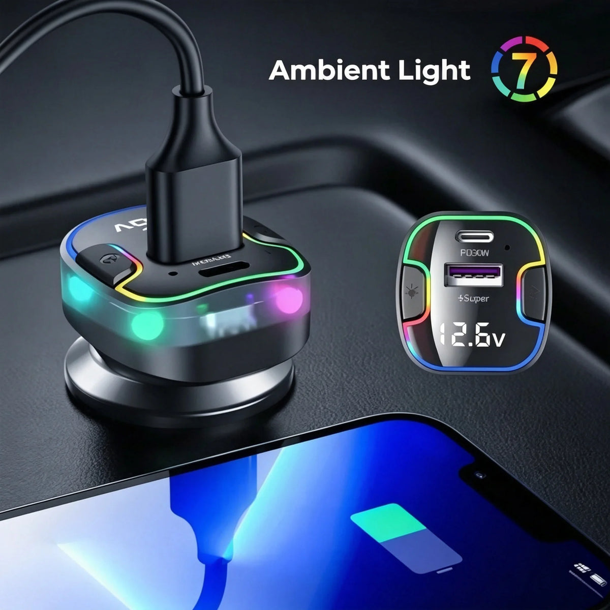 Front and Rear Chargers, Car Charger, Car Charger with Voltage Display; Super Fast Charging 5-Port Car Adapter; 120W Total Output, 3 USB C Outputs & 2 Type-C Outputs; Supports Super Fast Charging; Ambient Lighting Effect; 1.5