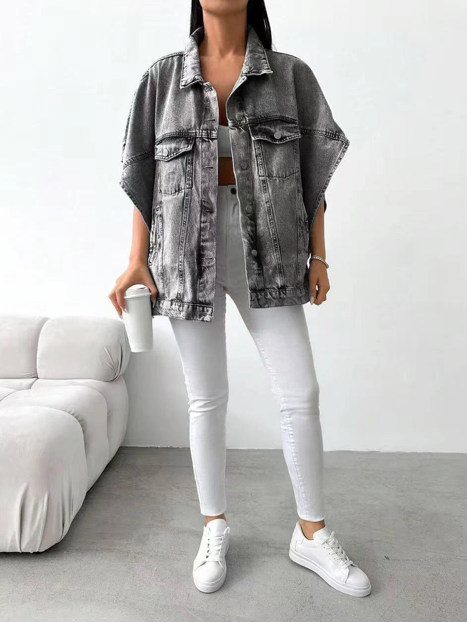 Women's Gray Denim Jacket, Short-Sleeve Casual Loose Top
