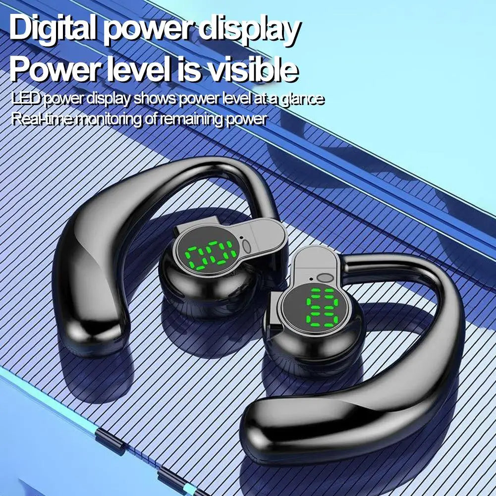 black open ear Bluetooth 5.4 sport earhook headphones with digital power displays showing green LED numbers.