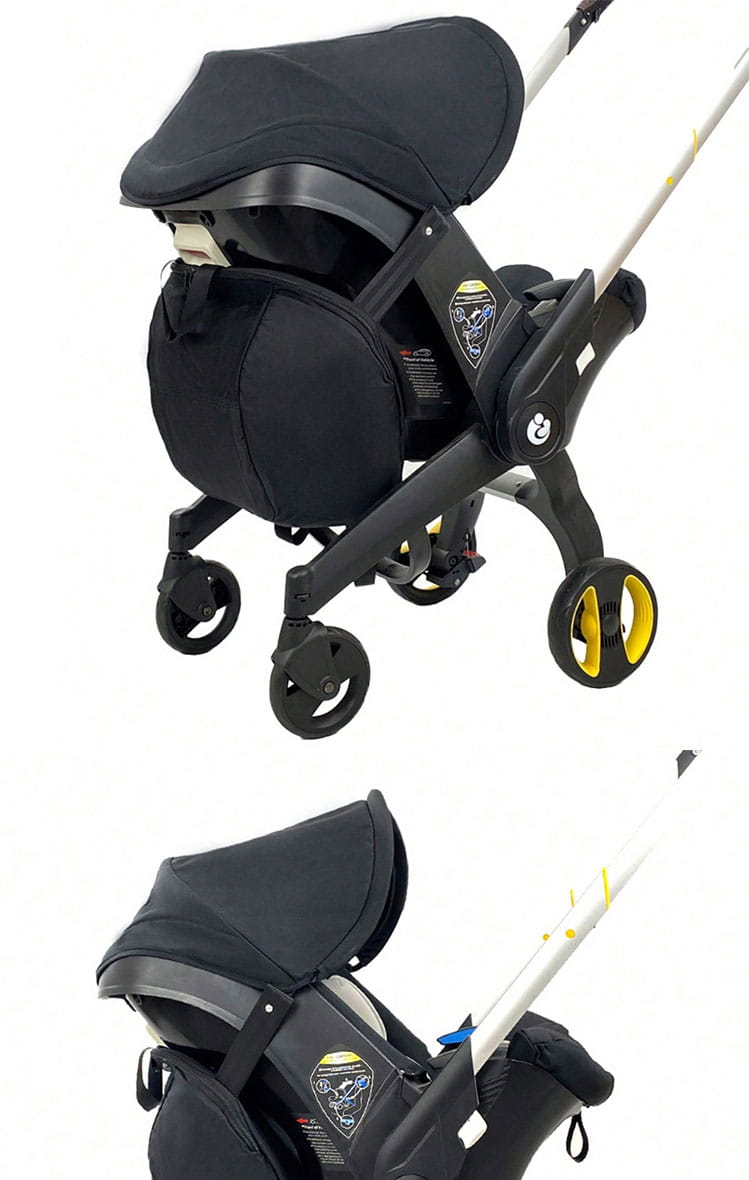 Schwarzer Doona-Kinderwagen-Convertible mit gelb akzentuierten Rädern und schlankem modernem Design, von der Rückseite in einer Aufbewahrungstasche für einen umwandelbaren Reise-Rucksack dargestellt.