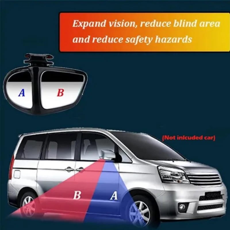 Black dual-sided car blind spot mirror made of durable material with 360 rotation adjustable feature to expand vision and reduce safety hazards shown from the back side.
