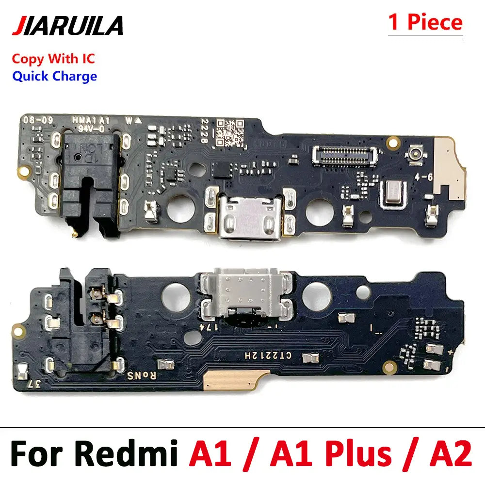 Schwarze Leiterplatte mit silbernem USB-C-Ladeanschluss und elektronischen Bauteilen, gekennzeichnet für die Modelle Redmi A1/A1 Plus/A2, verwendet als USB-Lade-Flexkabel für die Xiaomi-Redmi-Serie, mit Versanddetails über China Post und Schutzzeitangaben.