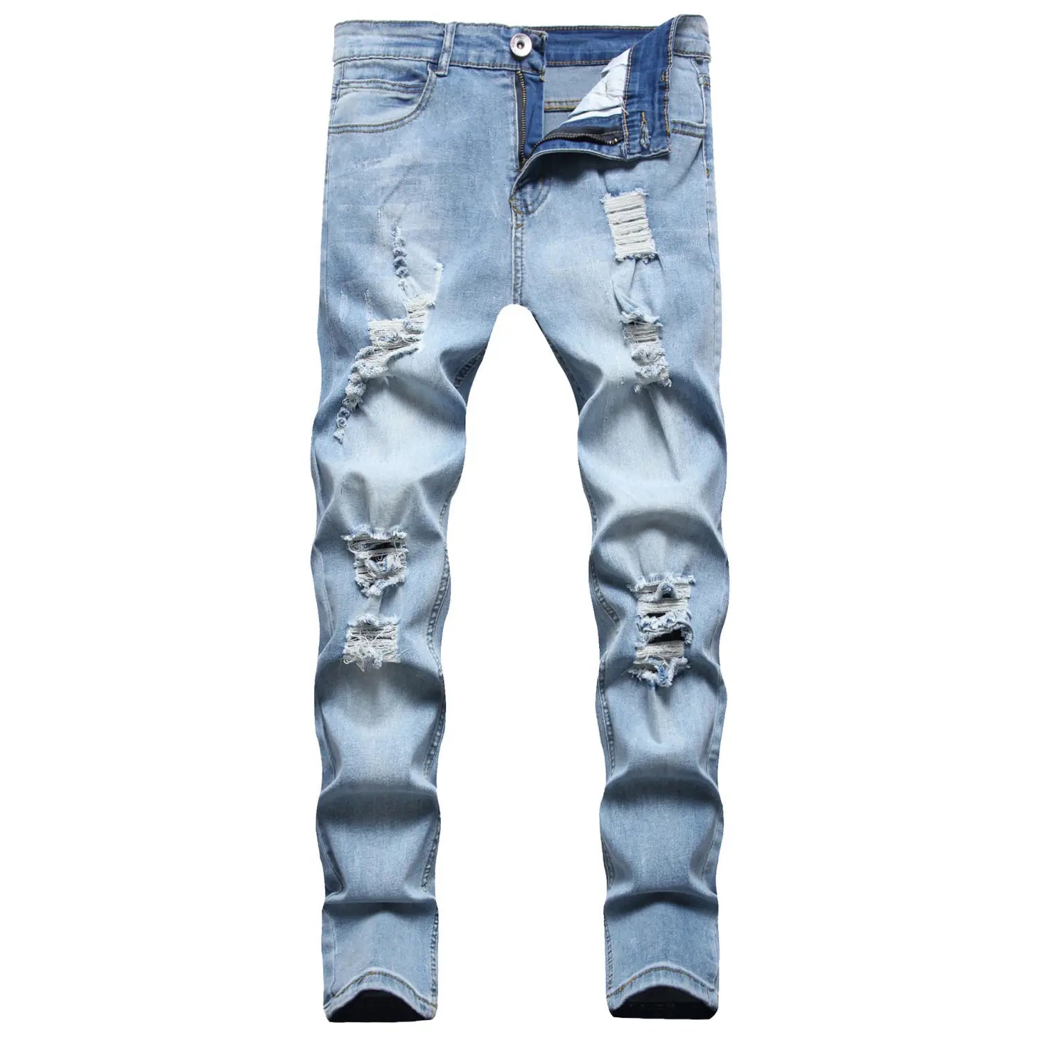 Männer rissen schmale Jeans aus hellwaschendem Denim mit distressed, gerissenen Details an den Oberschenkeln und Knien, gefertigt aus Denim-Material.