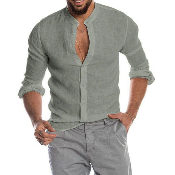 Men long sleeve light green linen mandarin collar casual shirt with rolled sleeves.