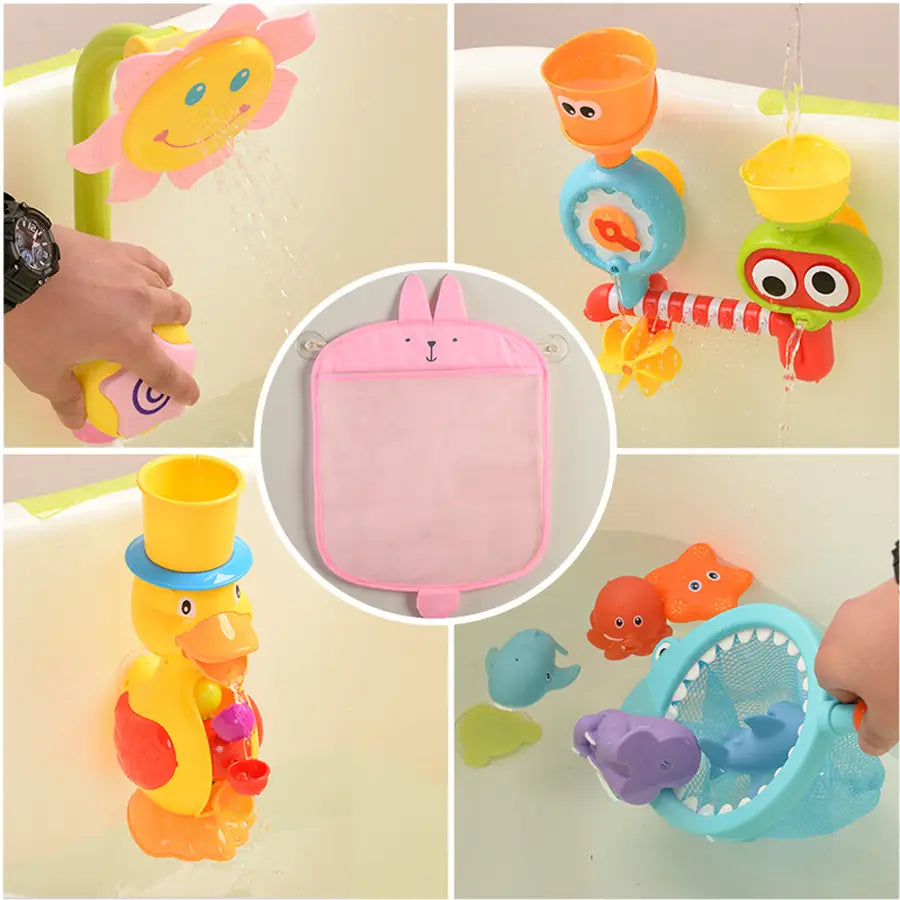 Organisateur de bain en forme de lapin rose, avec ventouses et poignée, pour ranger les jouets de bain, et organiser des animaux de dessin animé.