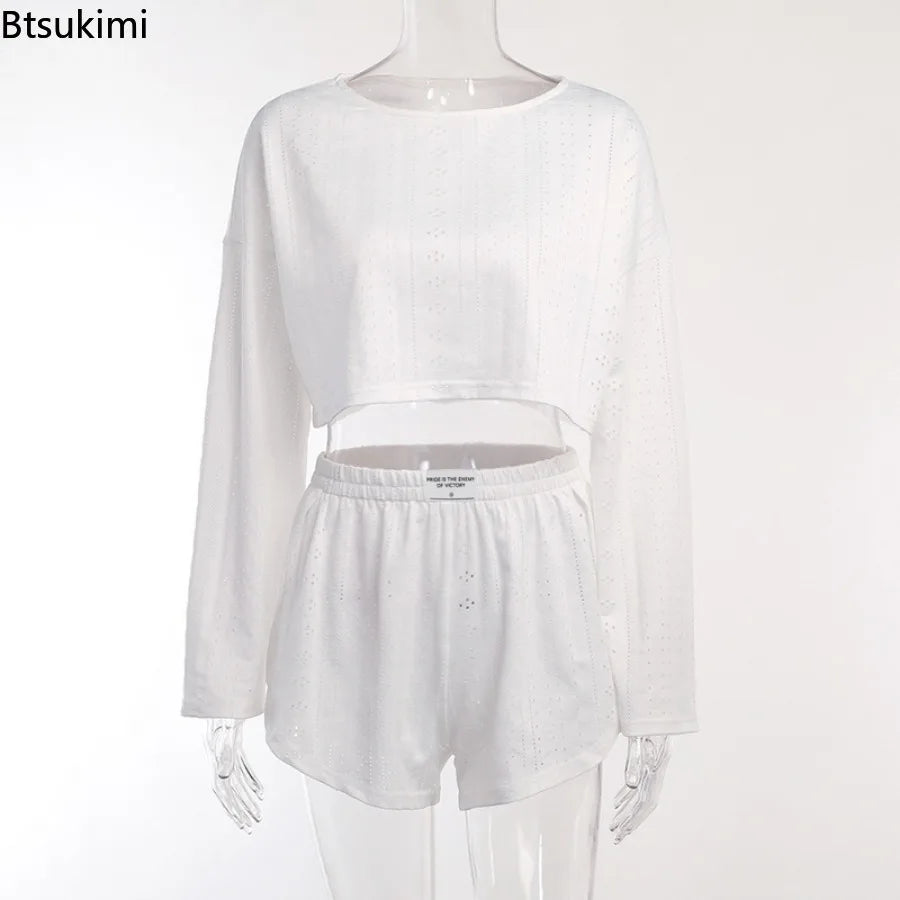 New Women's Chic Pajama Set Hollow-Out Long-Sleeve Crop Top and High Split Shorts Breathable Homewear Loungewear Fit Daily Wear