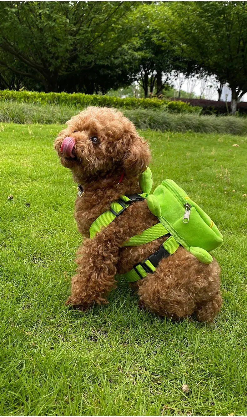 Una mochila de perro con forma de tortuga de felpa verde brillante, con correas negras y detalles del cierre, llevada por un caniche marrón, diseñada como transportín con forma de tortuga.