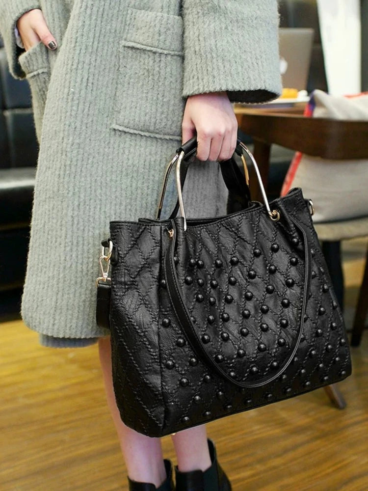 Leather Women's Bag 2026 New Style Personality Fashion Soft Piling Rivet Hand Lading Shoulder Crossbody Bags for Women