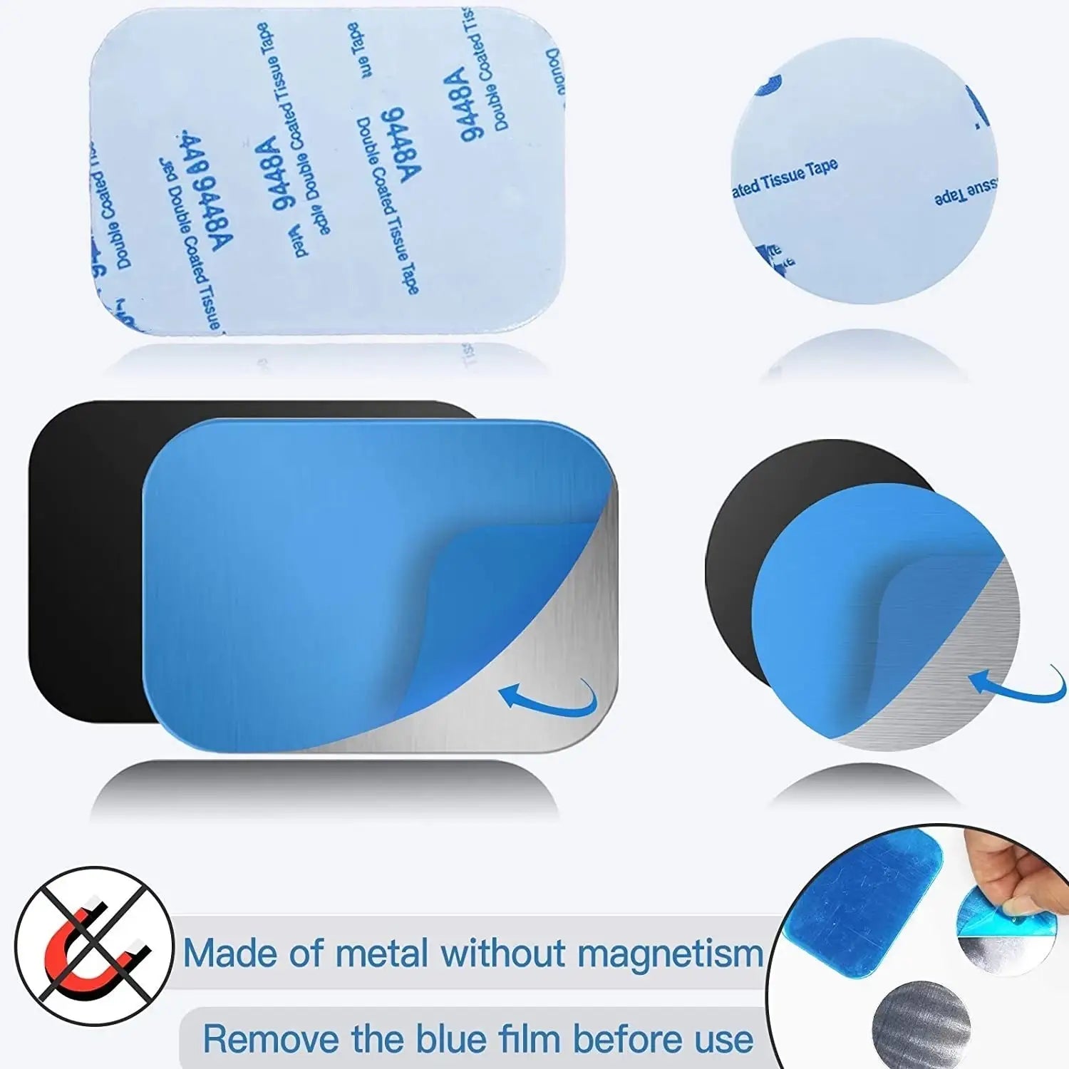 Plaque métallique bleue et argentée pour support de téléphone de voiture magnétique, avec surface métallique non magnétique pour une utilisation universelle du téléphone de voiture.