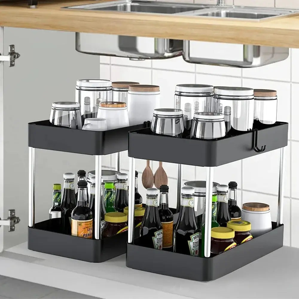 Organizador negro de almacenamiento bajo el fregadero, de dos niveles y con ruedas, con bastidor de acero inoxidable y diseño tipo cajón por niveles multifuncional para almacenamiento y organización de la cocina.