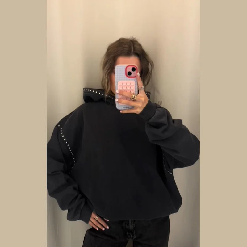 Women's Black Sweatshirt jacket Fashion Cool Casual Loose Long Sleeve Beaded Hoodie Trend Coat 2025 Autumn Lady Commute Outwear