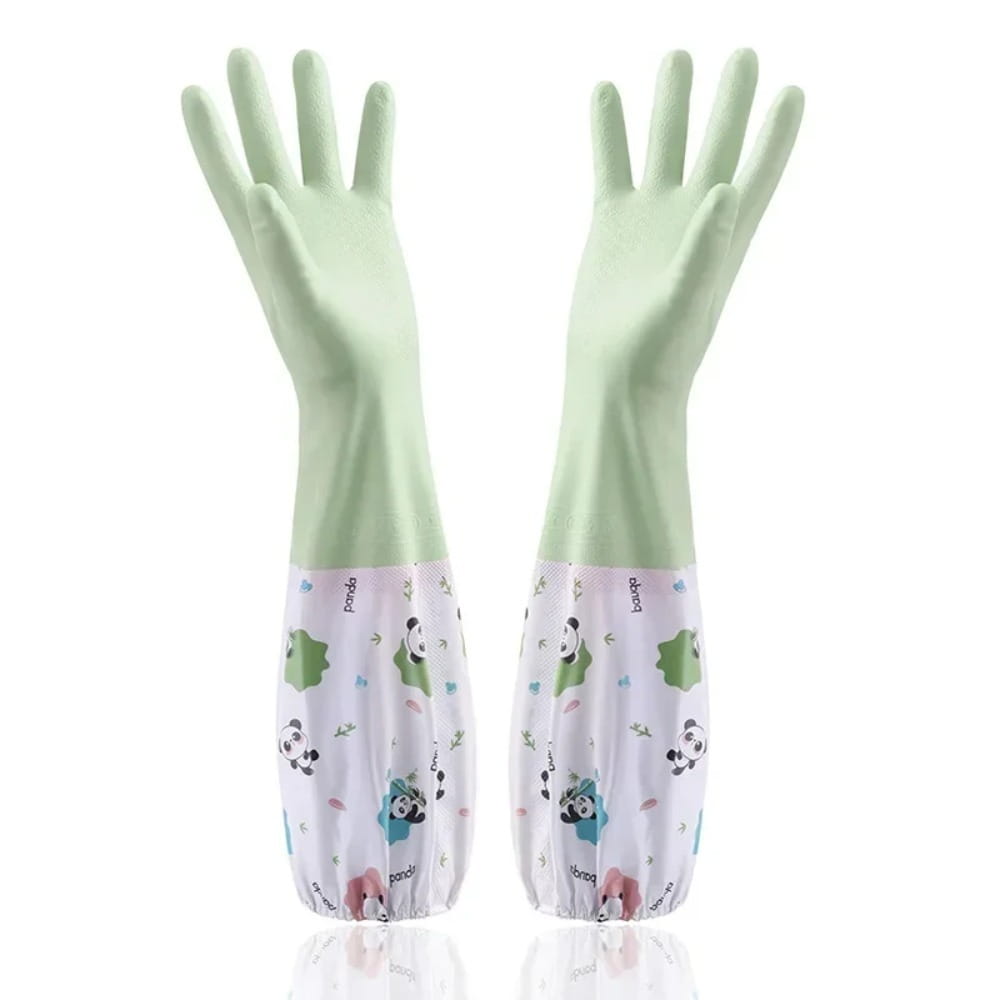 Light green waterproof rubber cleaning gloves with white panda-themed fabric cuffs.
